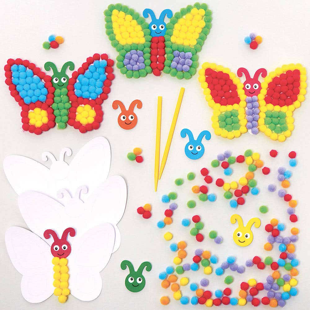 Butterfly Pom Pom Art Kits (Pack of 5) Art Craft Kits 6 pom pom colours - Orange, Pink, Green, Blue, Purple & Yellow