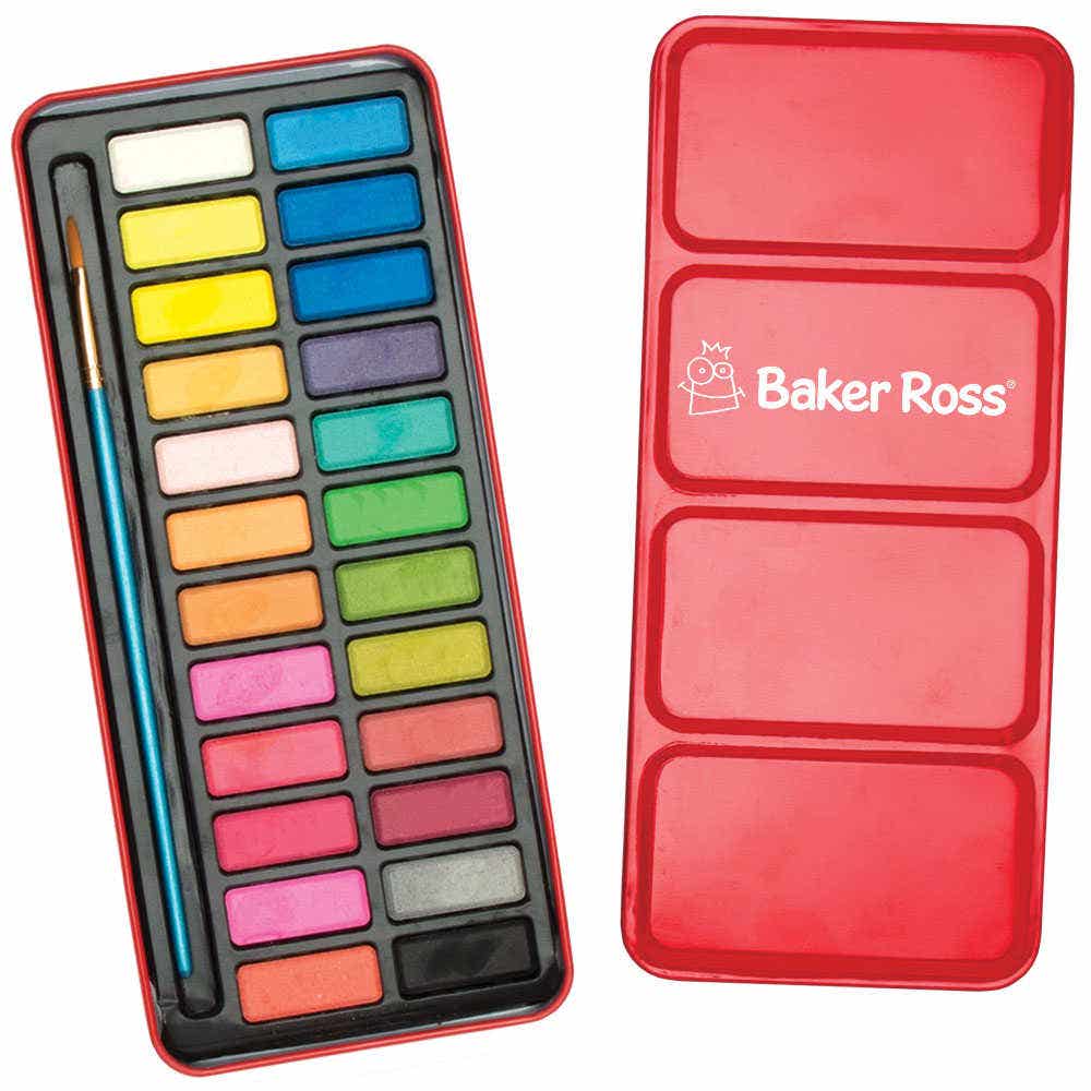 Watercolour Paint Tin (Each Or Pack Of 10) 24 Block Colours & Brush, 21cm x 9cm