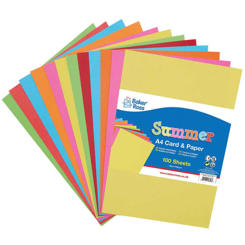 Summer A4 Card & Paper Pack (Pack of 100) 8 Assorted Colours, Card Weight 220gsm & Paper Weight 80gsm