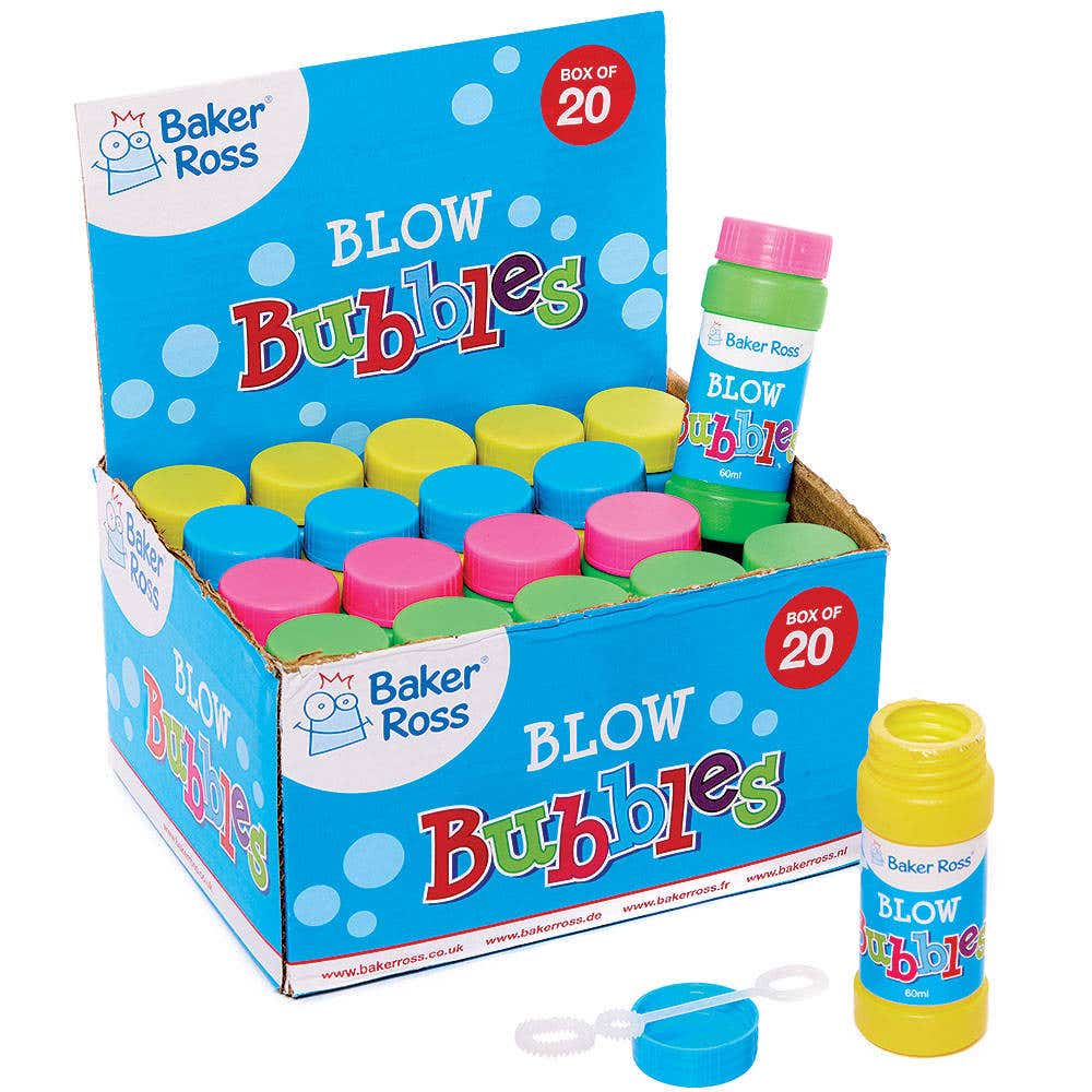 Blow Bubbles (Pack of 20) Perfect For Parties, 4 Assorted Bottle Colours, 60ml