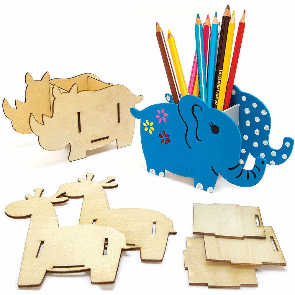 Elephant, Giraffe & Rhino Wooden Pen Pot Kits (Pack of 3) Art Craft Kits