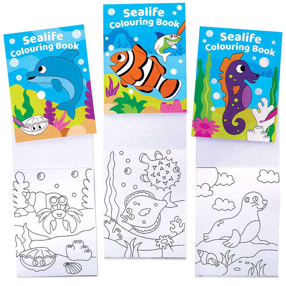 Sealife Mini Colouring Books (Pack of 12) 4 Assorted Cover Designs, 20 Pages Per Book, Size 12cm x 16cm