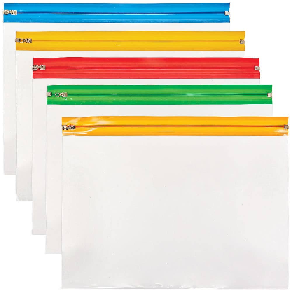 A3 Zip Bags (Pack of 25) Transparent PVC, 5 Assorted Strip Colours, Heavy Duty, Craft Storage