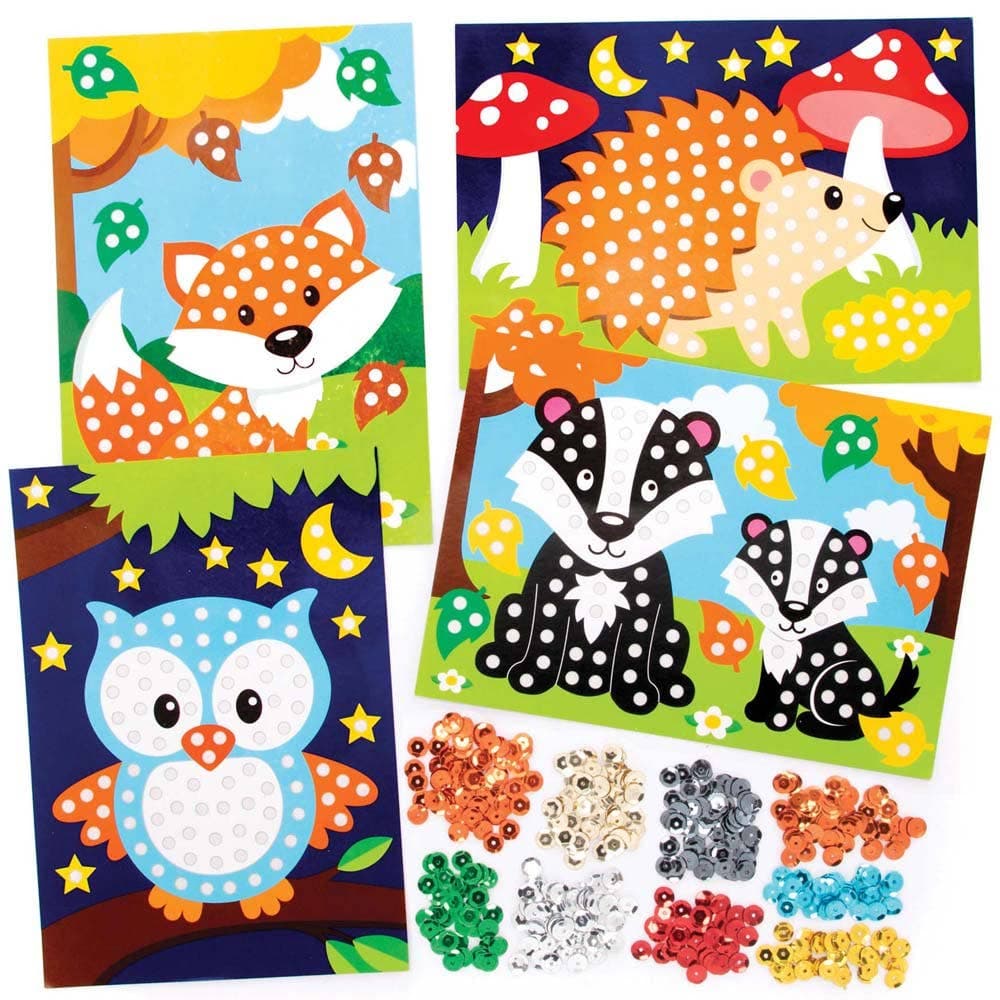 Woodland Animal Sequin Picture Kits (Pack of 4) 9 Sequin Colours, 4 Designs, 21cm x 15cm Size, Crafts For Kids