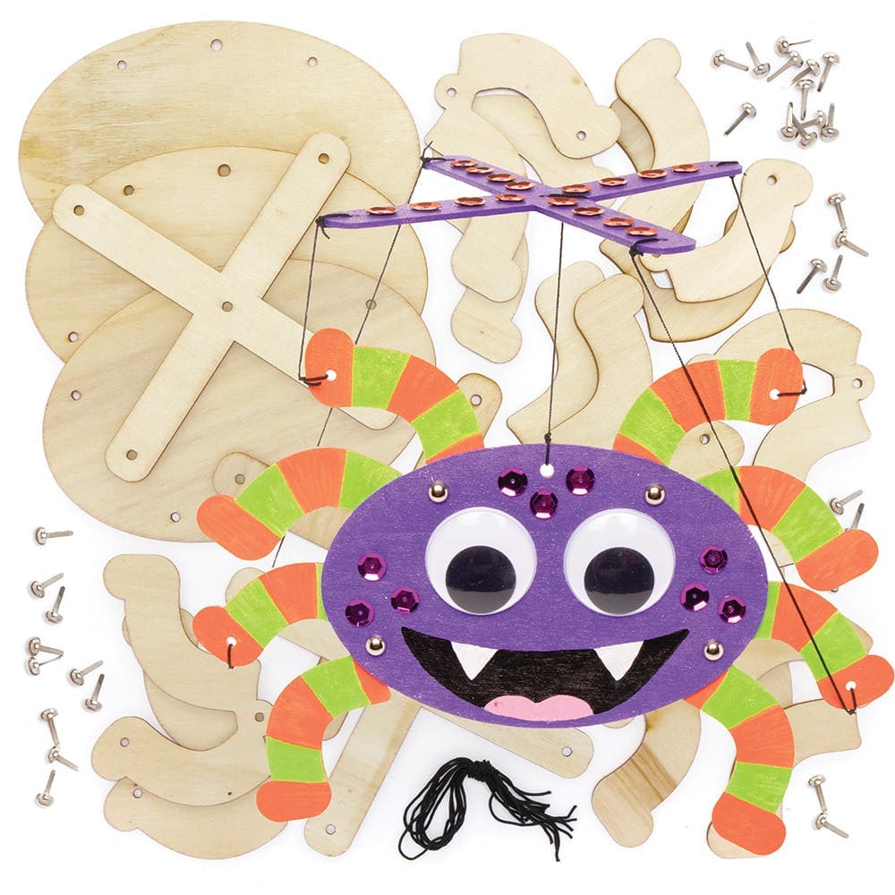 Dancing Spider Wooden Marionette Kits (Pack of 3) Halloween Crafts For Kids, Size 30cm