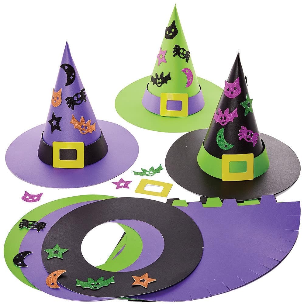 Witch Hat Kits (Pack of 3) Halloween Card Hat Template & Foam Stickers Included, 3 Hat Colours & Designs, Kids Boo Basket Ideas