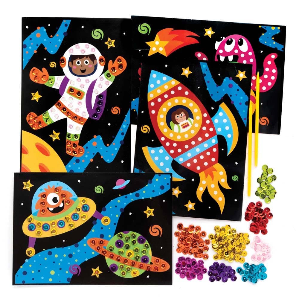 Solar System Sequin Picture Kits (Pack of 4) Craft Kits For Kids 9 sequin colours - Red, Blue, Yellow, White, Orange, Green, Purple, Pink & Light Pink