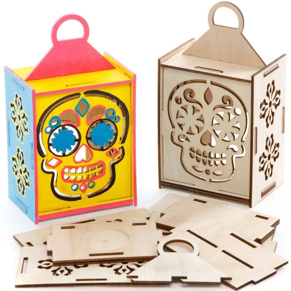 Day of the Dead Wooden Lantern Kits (Pack of 3) Halloween Themed Crafts, Size 8.5cm x 15.5cm x 6cm