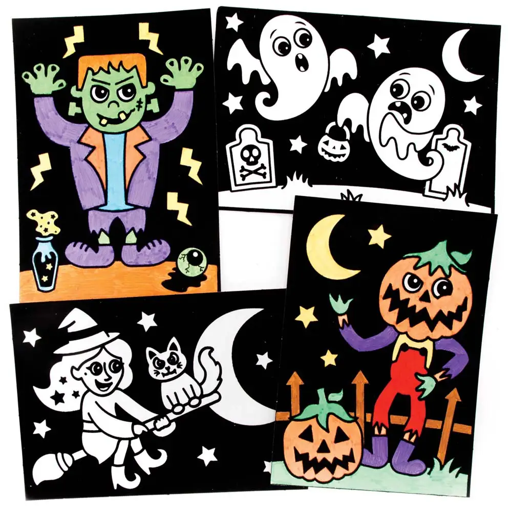 Halloween Colour-in Fuzzy Art Pictures (Pack of 10) Halloween Crafts For Kids, Sheet Size 21cm x 15cm