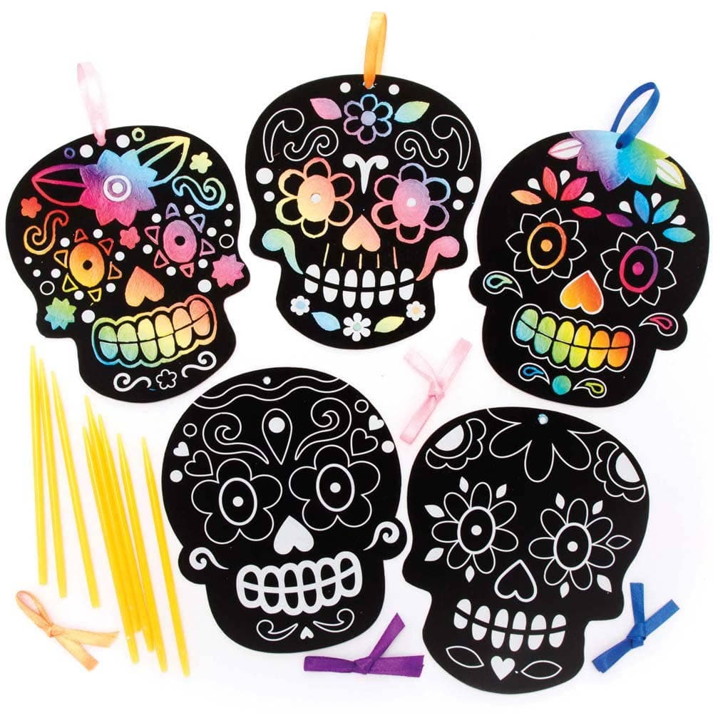Day of the Dead Scratch Art Decorations (Pack of 8) Halloween Crafts, Scratch Tools Included