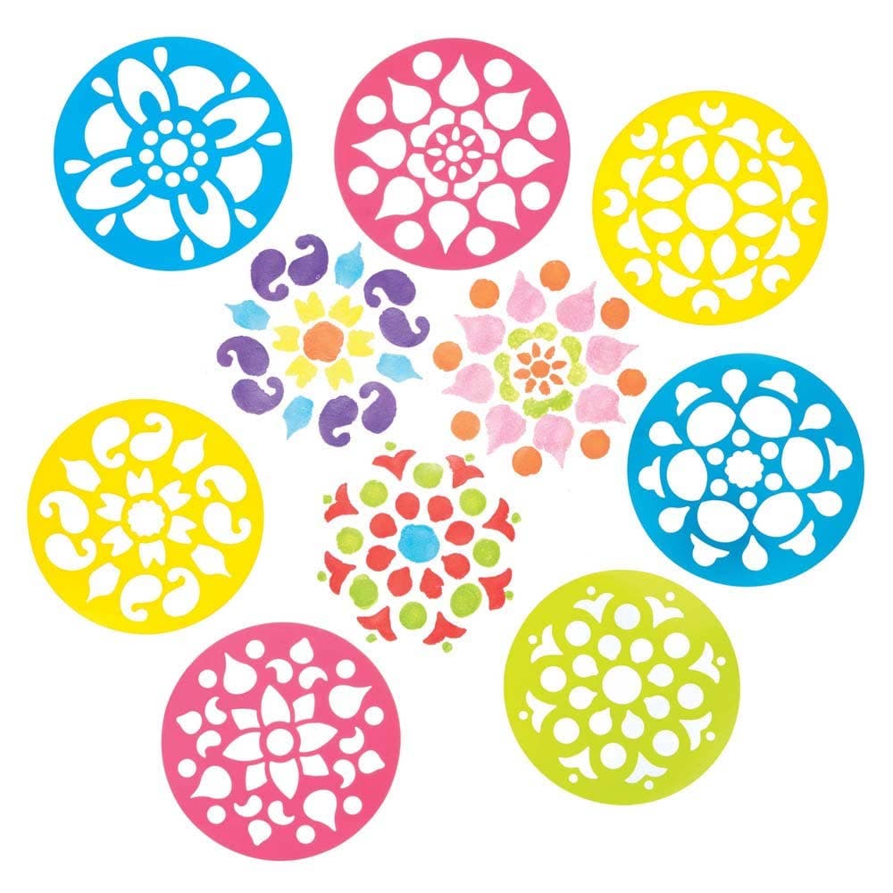 Rangoli Stencils (Pack of 8) Washable, 4 Stencil Colours & 8 Assorted Designs