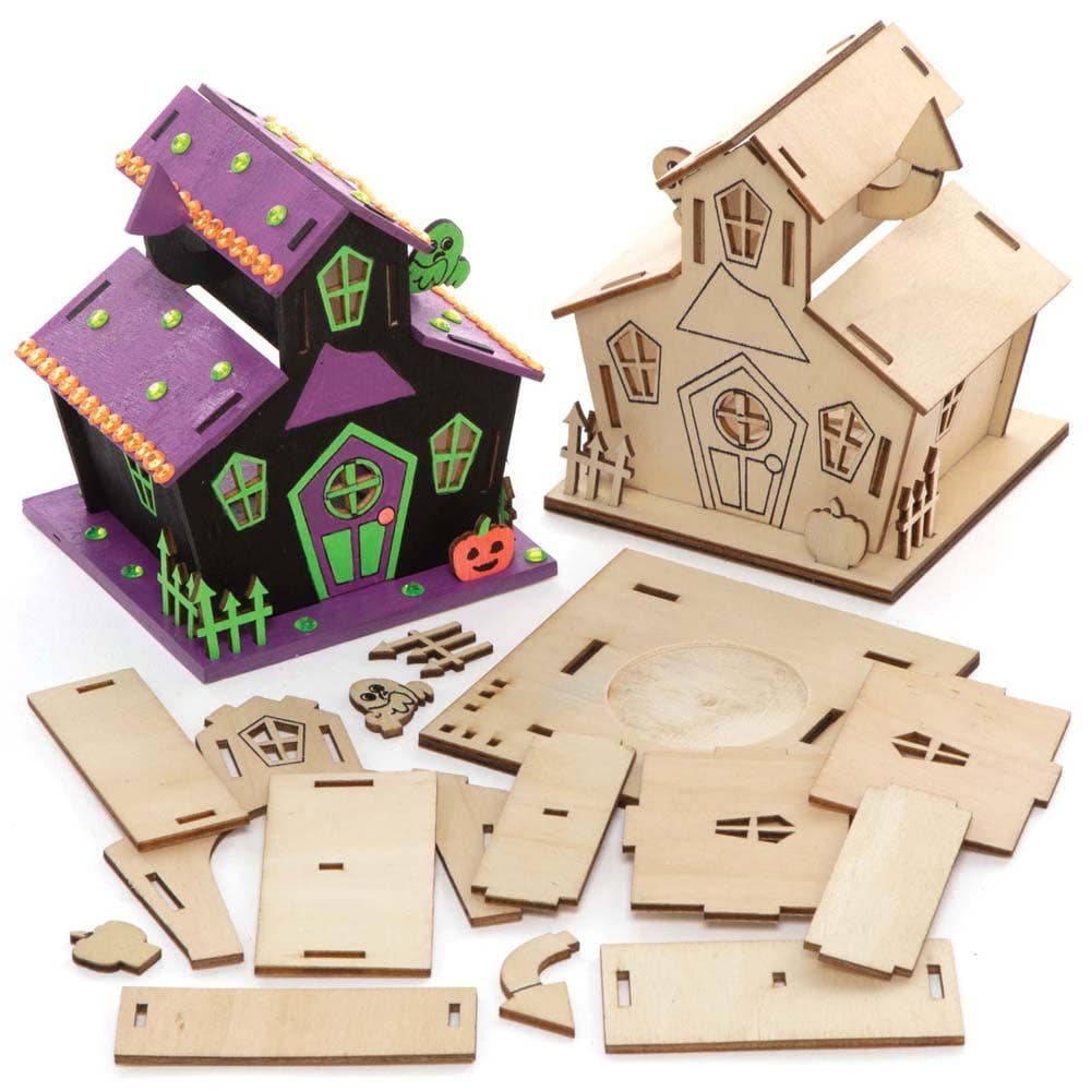 Haunted House Wooden Tealight Holder Kits (Pack of 3) Halloween Crafts, Size 9.5cm x 10cm x 9cm