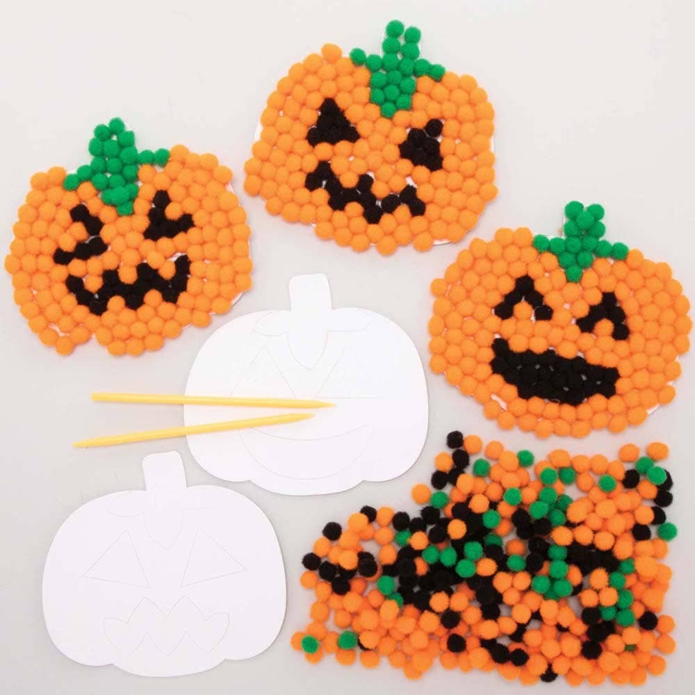 Pumpkin Pom Pom Art Kits (Pack of 5) Halloween Crafts, 3 Assorted Colours - Orange, Black & Green