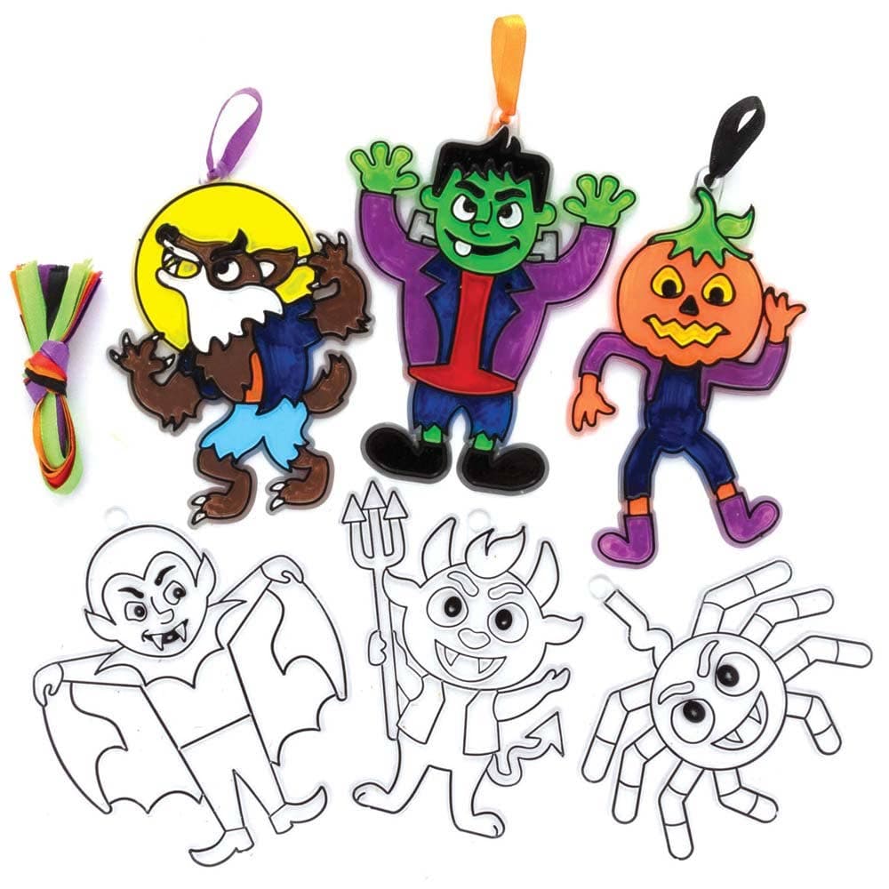 Halloween Suncatchers (Pack of 10) Halloween Crafts For Kids, Assorted Designs & Ribbon Colours