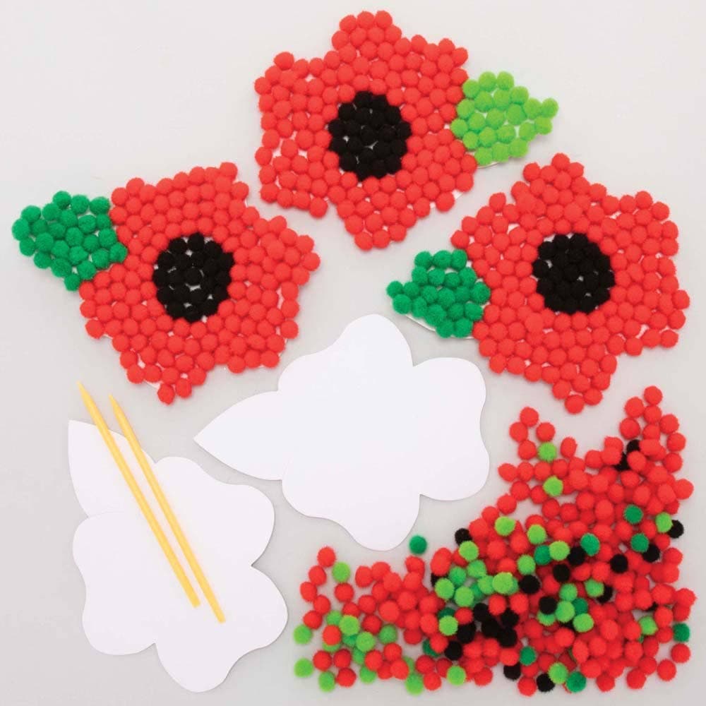 Poppy Pom Pom Art Kits (Pack of 5) Art Craft Kits 4 pom pom colours - Red, Black, Green & Light Green