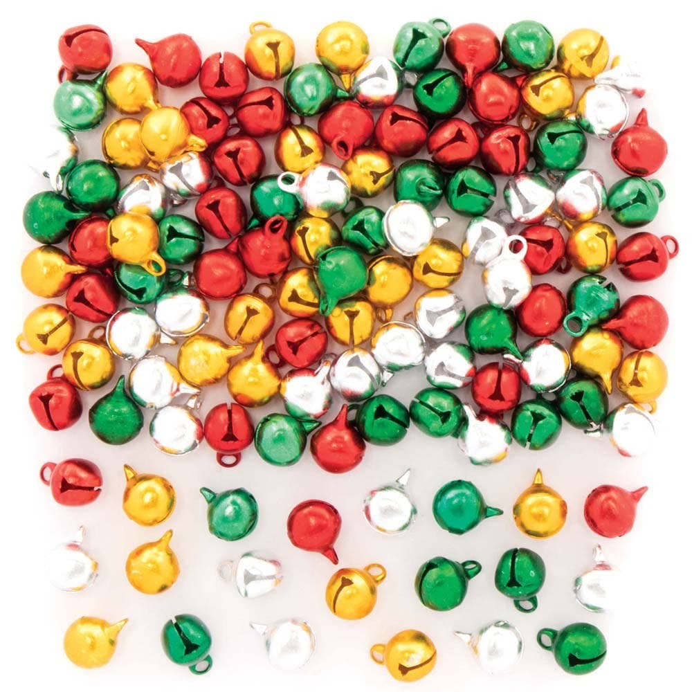 Mini Christmas Jingle Bells (Pack of 120) 4 Metallic Colours - Red, Green, Gold & Silver, Bell Size 9mm, Craft Supplies