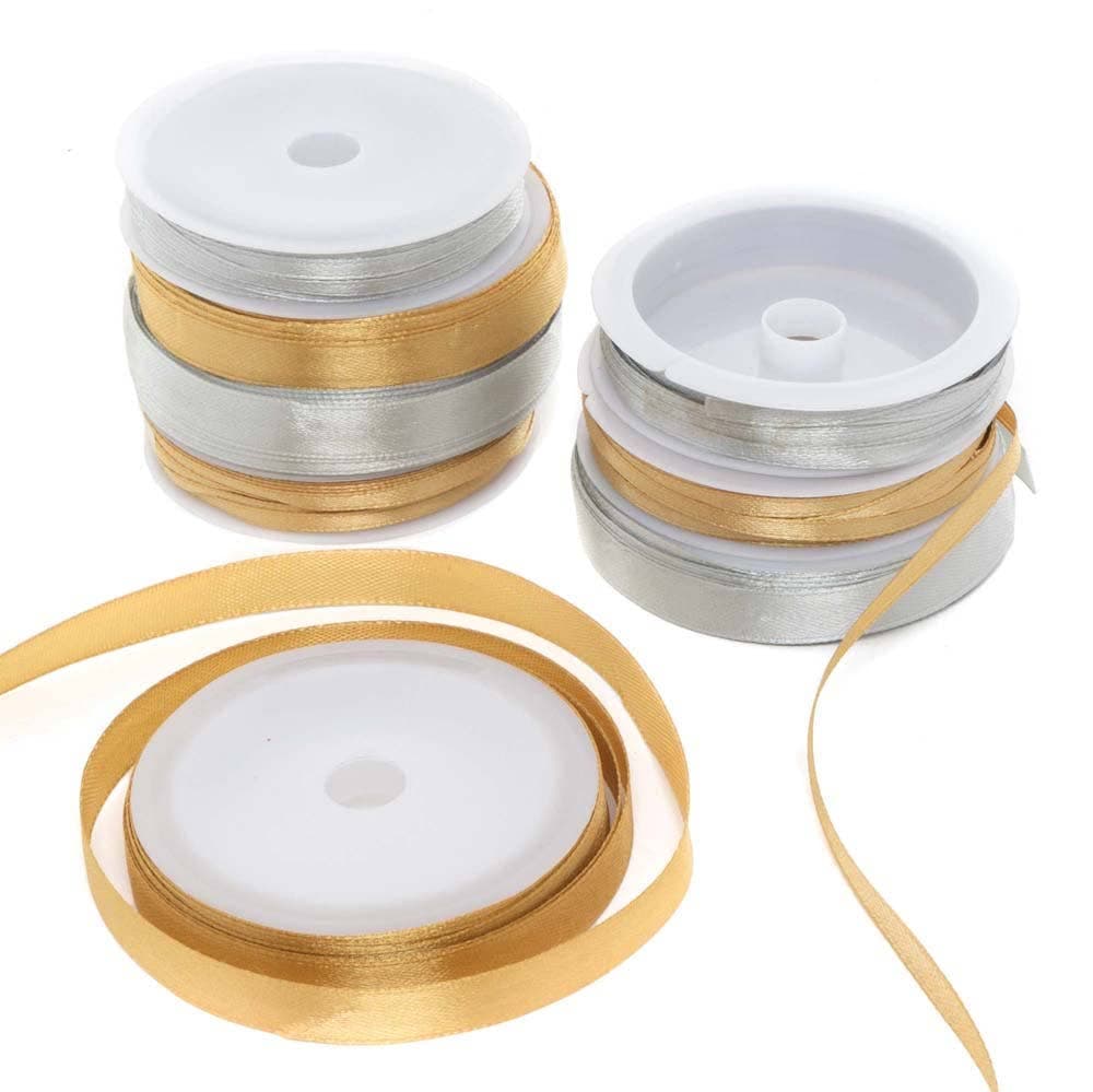 Gold & Silver Satin Ribbon Value Pack (Pack of 8) Craft Embellishments 2 colours - Gold & Silver