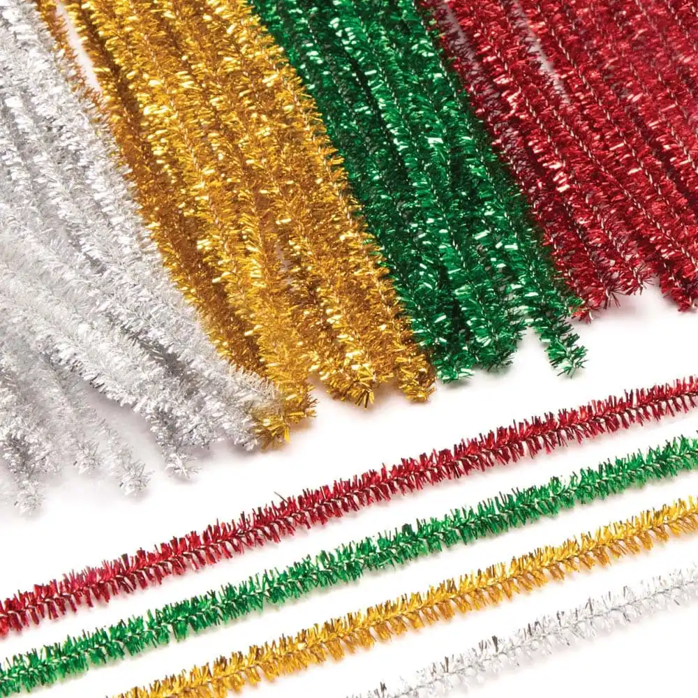 Christmas Tinsel Pipe Cleaners (Pack of 72) Christmas Craft Supplies, 4 Colours - Red, Green, Gold & Silver