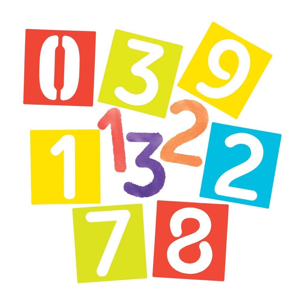 Number Stencils (Pack of 12) Art Supplies, Washable, 4 Stencil Colours - Red, Blue, Yellow & Green