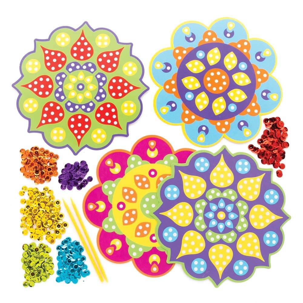 Rangoli Sequin Craft Kits (Pack of 4) Craft Kits For Kids 6 sequin colours - Green, Blue, Red, Purple, Yellow & Orange