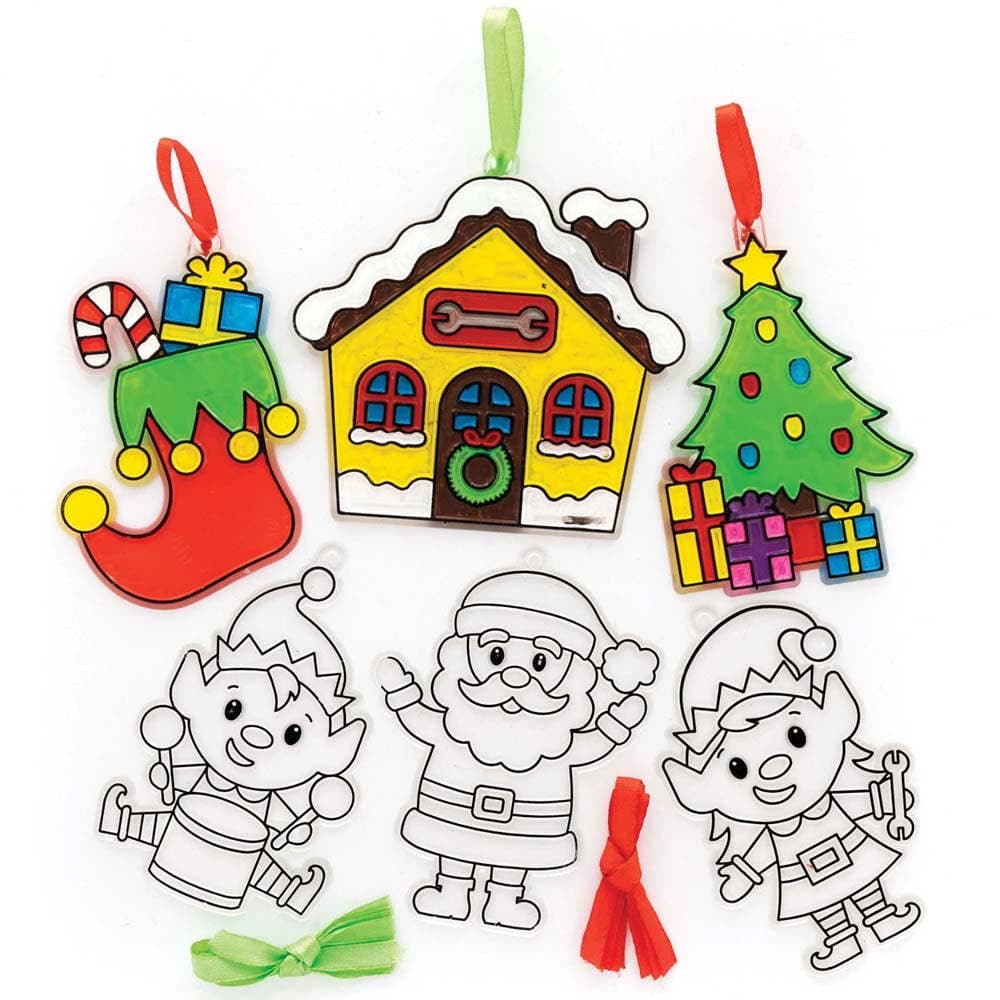 Santa's Workshop Suncatcher Decorations (Pack of 10) Christmas Crafts 2 ribbon colours - Red & Green