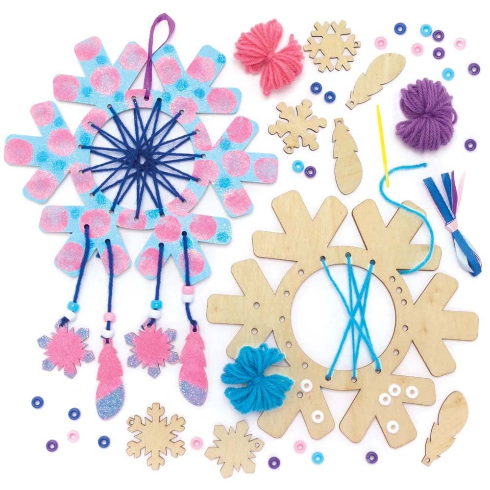 Snowflake Wooden Dreamcatcher Kits (Pack of 4) Christmas Crafts 4 wool colours - Light Blue, Dark Blue, Purple & Pink