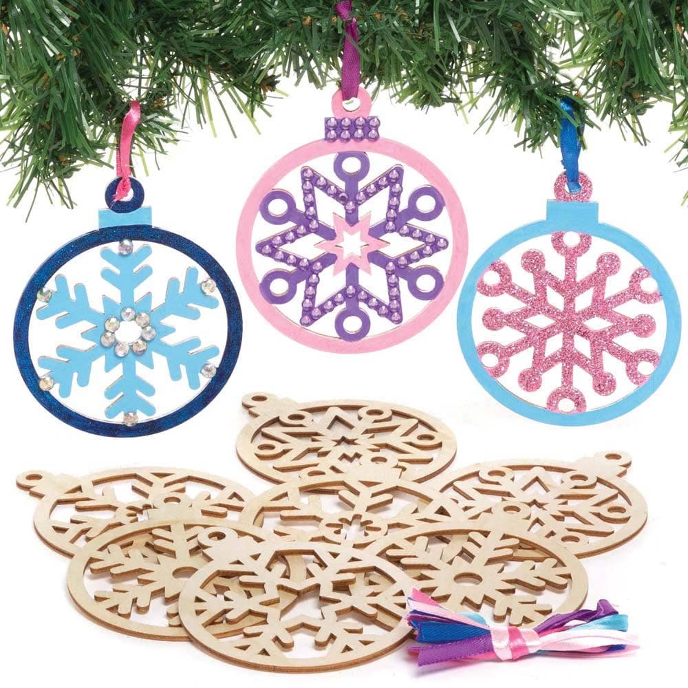 Snowflake Wooden Bauble Decorations (Pack of 10) Christmas Crafts 5 ribbon colours - Light Blue, Dark Blue, Light Pink, Dark Pink & Purple