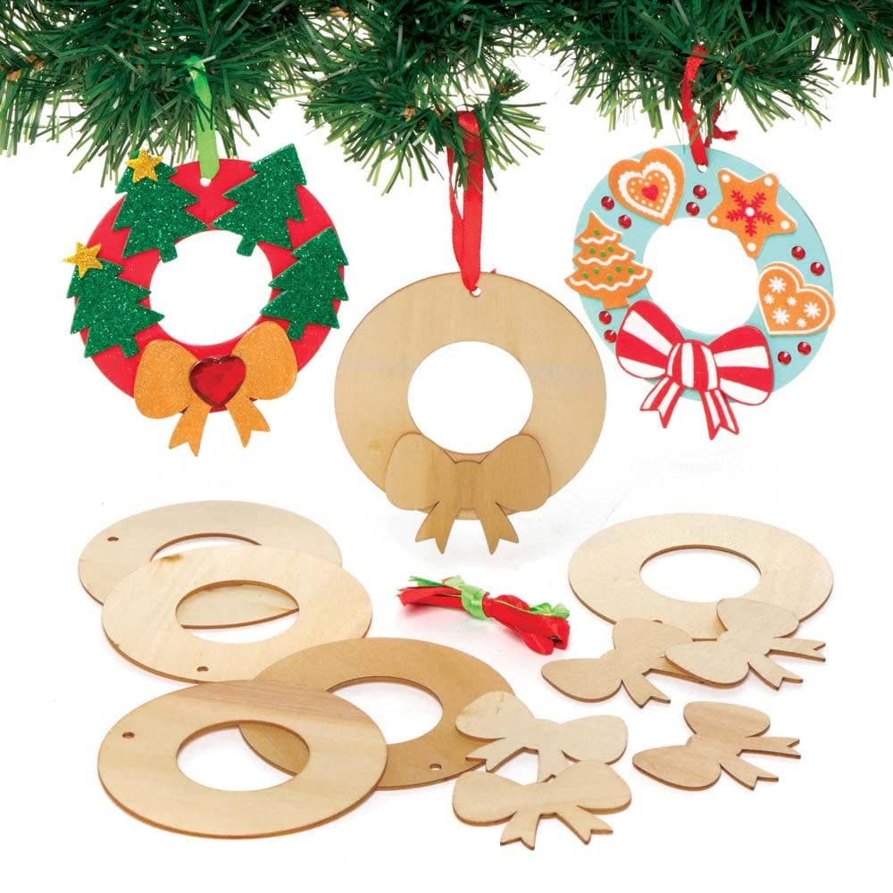 Mini Wooden Wreaths (Pack of 8) Wooden Bow & Hanging Ribbon Included, 9cm Diameter