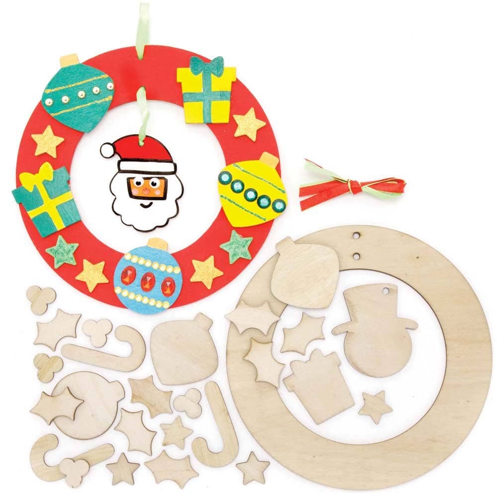 Christmas Wooden Wreath Kits (Pack of 2) Christmas Crafts 2 ribbon colours - Red & Green