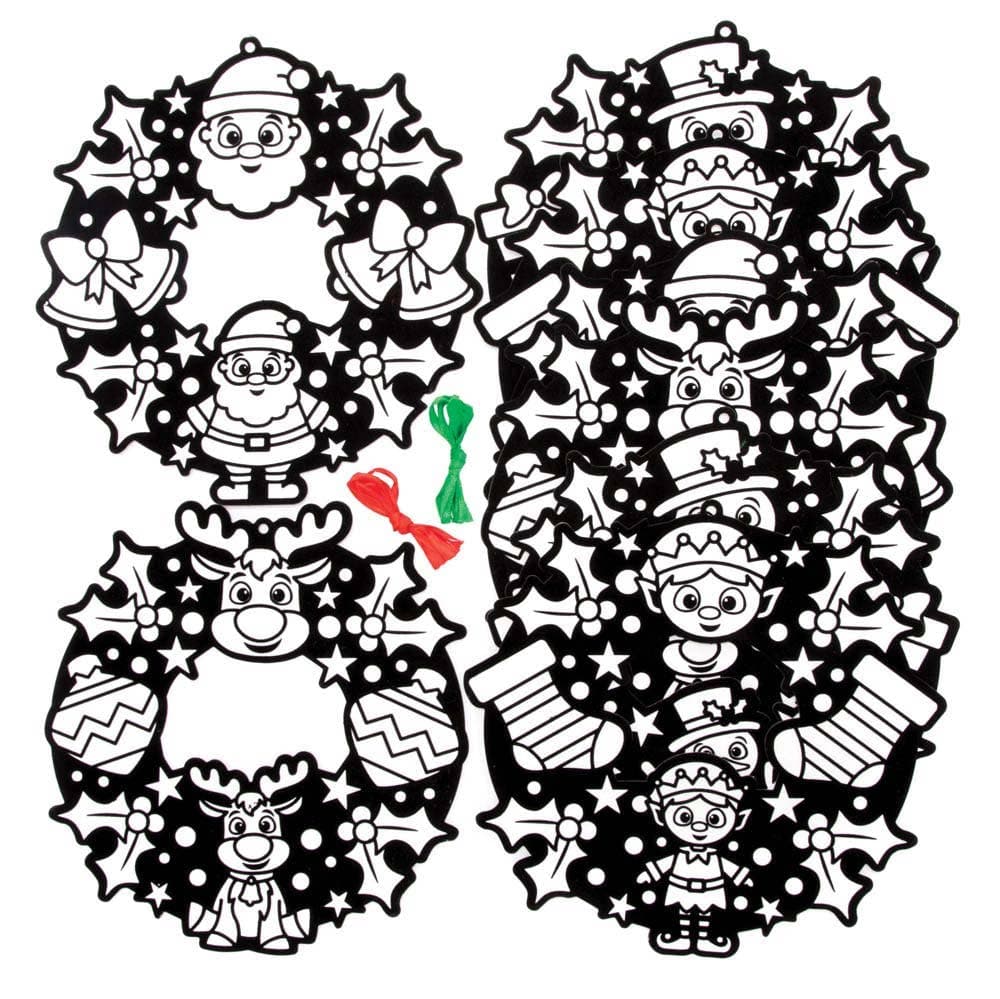 Christmas Colour-in Fuzzy Art Wreaths (Pack of 8) Christmas Crafts 2 ribbon colours - Red & Green