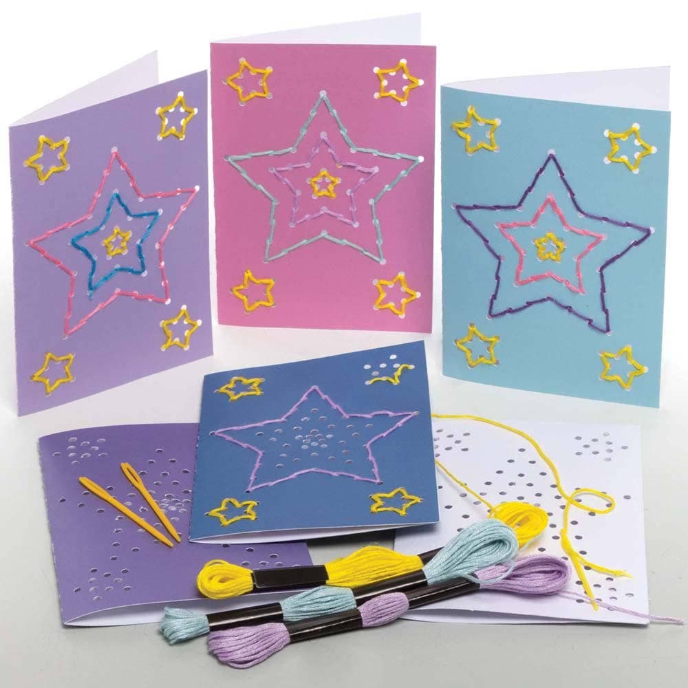 Star Threading String Art Greeting Card Kits (Pack of 6) Paper & Card 6 card colours - Light Blue, White, Purple, Light Purple, Pink & Dark Blue