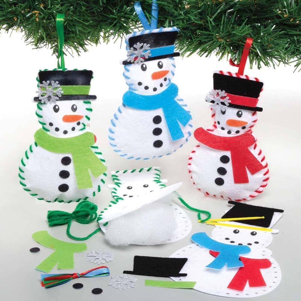 Snowman Decoration Sewing Kits (Pack of 3) Christmas Crafts, Beginners Sewing Kits, 3 Colours - Red, Blue & Green