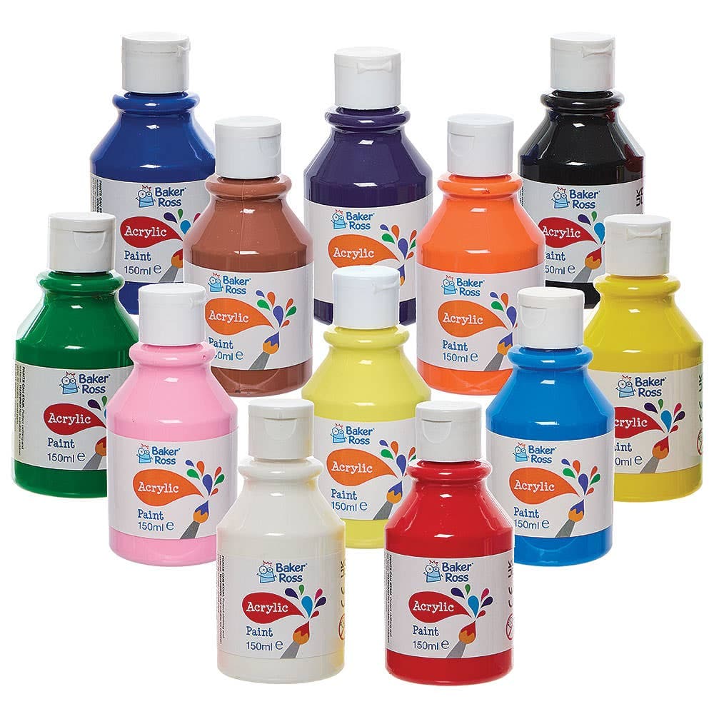 Acrylic Paints Bumper Pack 150ml (Pack of 12) Art Supplies, Art Materials 12 colours - Red, Yellow, Royal Blue, Green, White, Black, Orange, Purple, Lemon, Pink, Light Blue & Brown