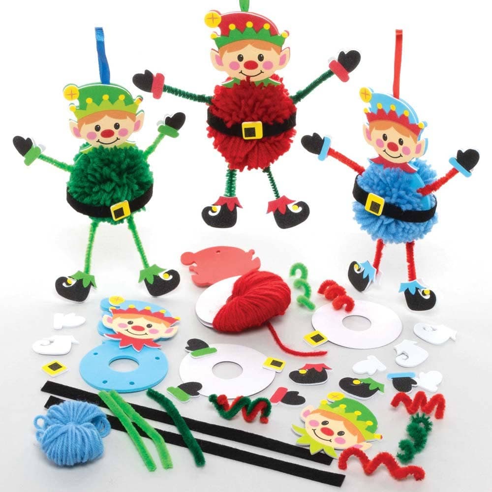 Christmas Elf Pom Pom Decoration Kits (Pack of 3) Christmas Crafts 3 elf colours - Green, Red & Blue