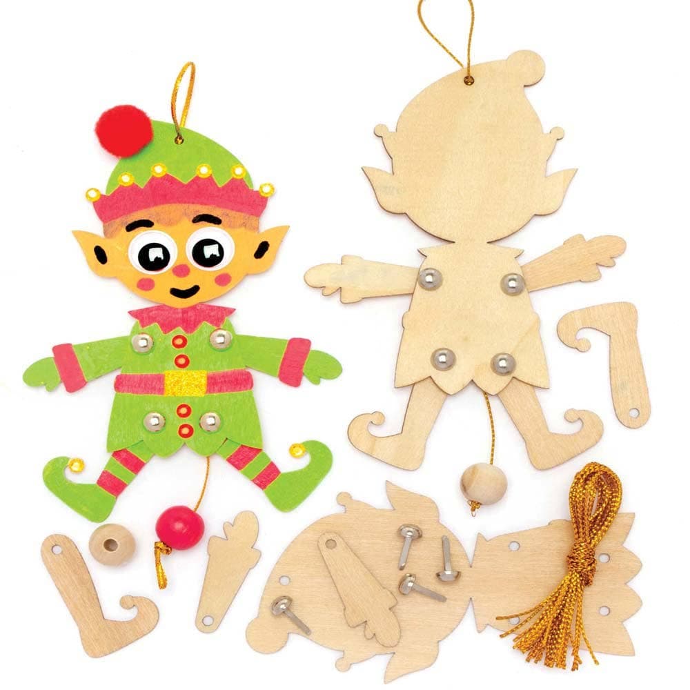 Christmas Elf Wooden Dancing Puppet Decoration Kits 14.5cm (Pack of 5) Christmas Crafts, Christmas Tree Decorations