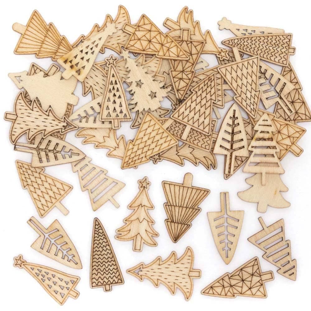 Christmas Tree Mini Wooden Shapes (Pack of 72) Christmas Craft Supplies, 9 Assorted Designs