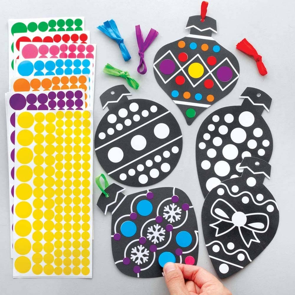 Christmas Bauble Dotty Art Decorations (Pack of 12) Christmas Crafts 7 sticker colours - Yellow, Purple, Orange, Blue, Pink, Red & Green