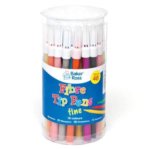 Fine Tip Fibre Pens Value Tub (Tub of 48) 16 Assorted Colours, 2mm Nib, Water-Based Inks, Drawing & Colouring