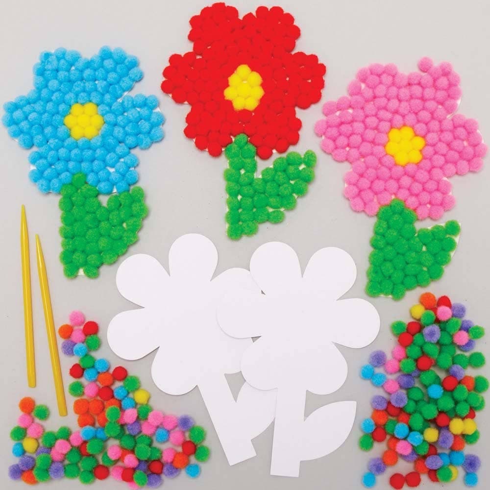 Flower Pom Pom Art Kits (Pack of 5) Art Craft Kits 7 assorted pom pom colours - Yellow, Purple, Orange, Blue, Pink, Red & Green