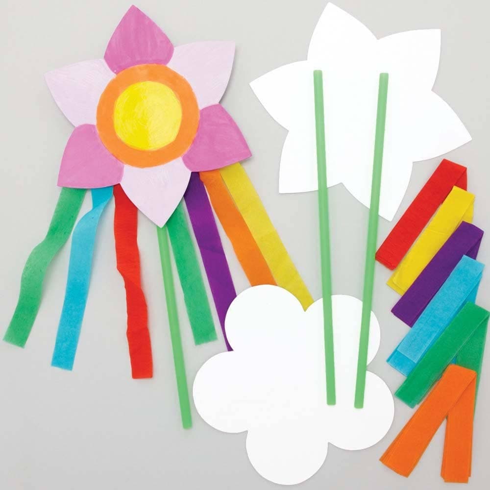 Flower Wand Kits (Pack of 8) Craft Kits For Kids 6 assorted streamer colours - Red, Orange, Yellow, Green, Purple & Blue