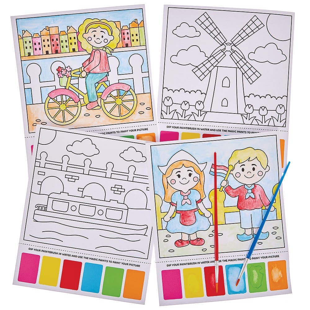 Netherlands Scenery Magic Painting Pictures (Pack of 10) 6 paint colours - Pink, Yellow, Red, Blue, Green & Orange