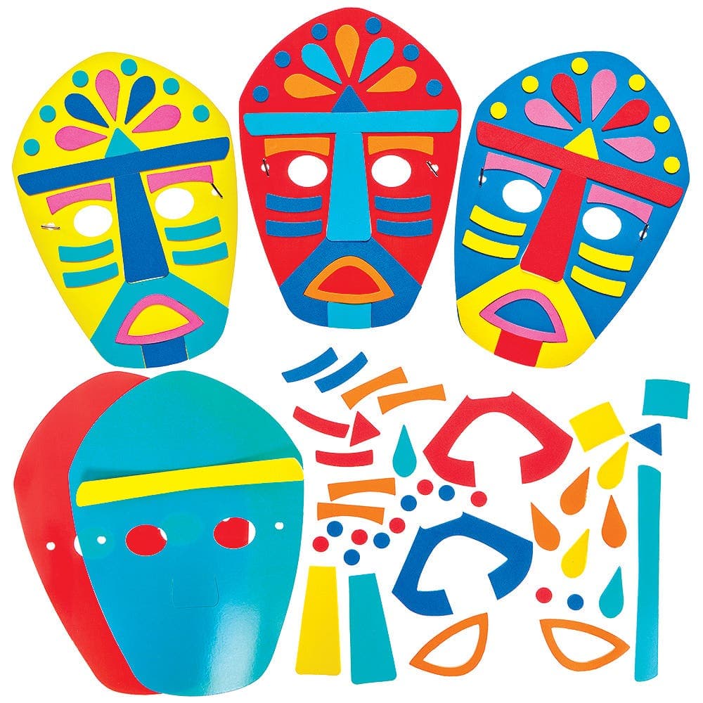 Tribal Mask Kits (Pack of 8) Educational Craft Kits, Card & Foam, 26.5cm x 18.5cm, 4 Assorted Colours & Designs