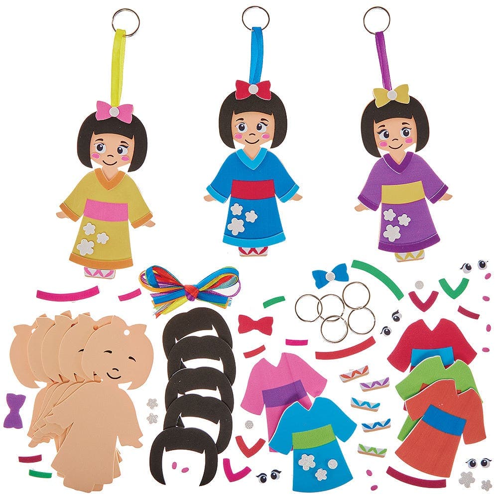Kimono Girl Mix & Match Keyring & Bag Dangler Kits (Pack of 8) Foam Decorations, 8 Assorted Designs, Height 14cm