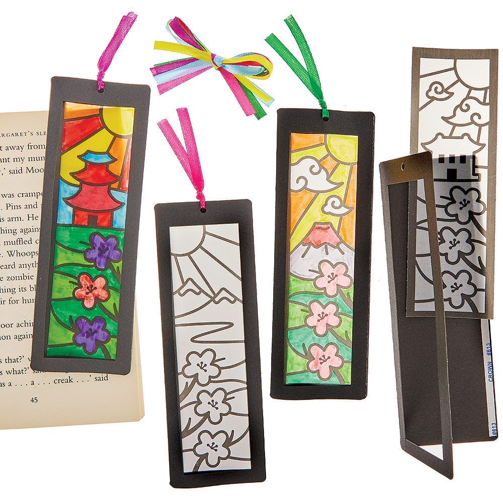Japanese Garden Colour-in Bookmark Kits (Pack of 10) 5 Assorted Designs, Vellum Paper & Ribbon Included, Size 18cm