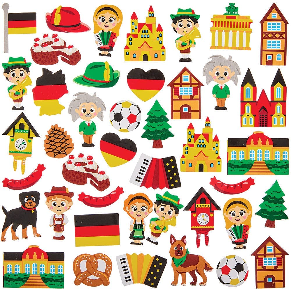 Germany Foam Stickers (Pack of 150) 30 Assorted German-Themed Designs, Sizes 20mm-50mm, Educational Crafts