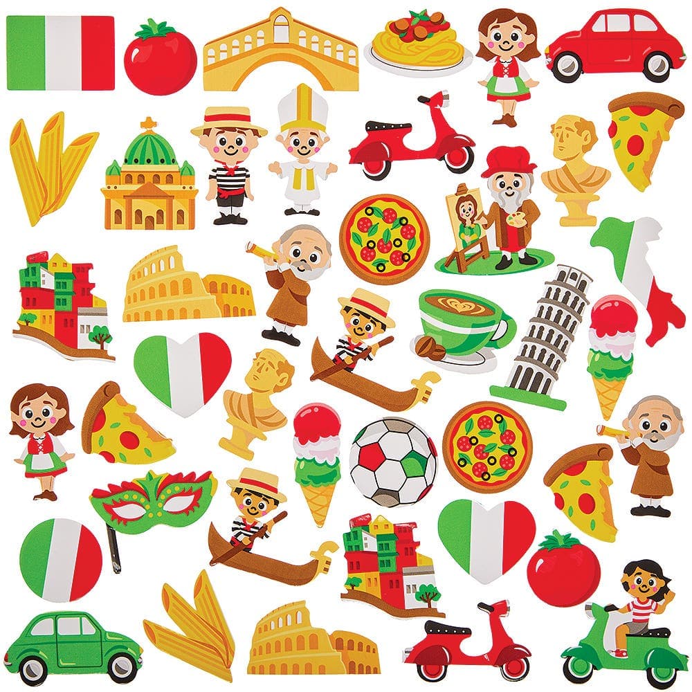 Italy Foam Stickers (Pack of 150) 30 Assorted Italian-Themed Designs, Sizes 25mm-50mm, Educational Crafts