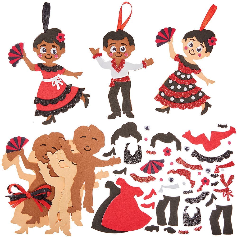 Flamenco Dancer Mix & Match Decoration Kits (Pack of 8) 5 Assorted Designs, Self-Adhesive Foam Pieces, Height 15cm-16cm