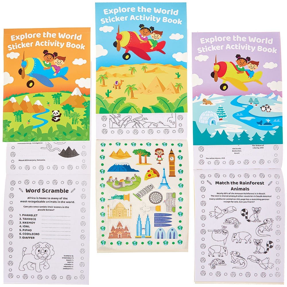 Explore The World Sticker Activity Books (Pack of 6) 18 Activity Pages & 2 Sticker Pages Per Book, Educational, Small Gifts