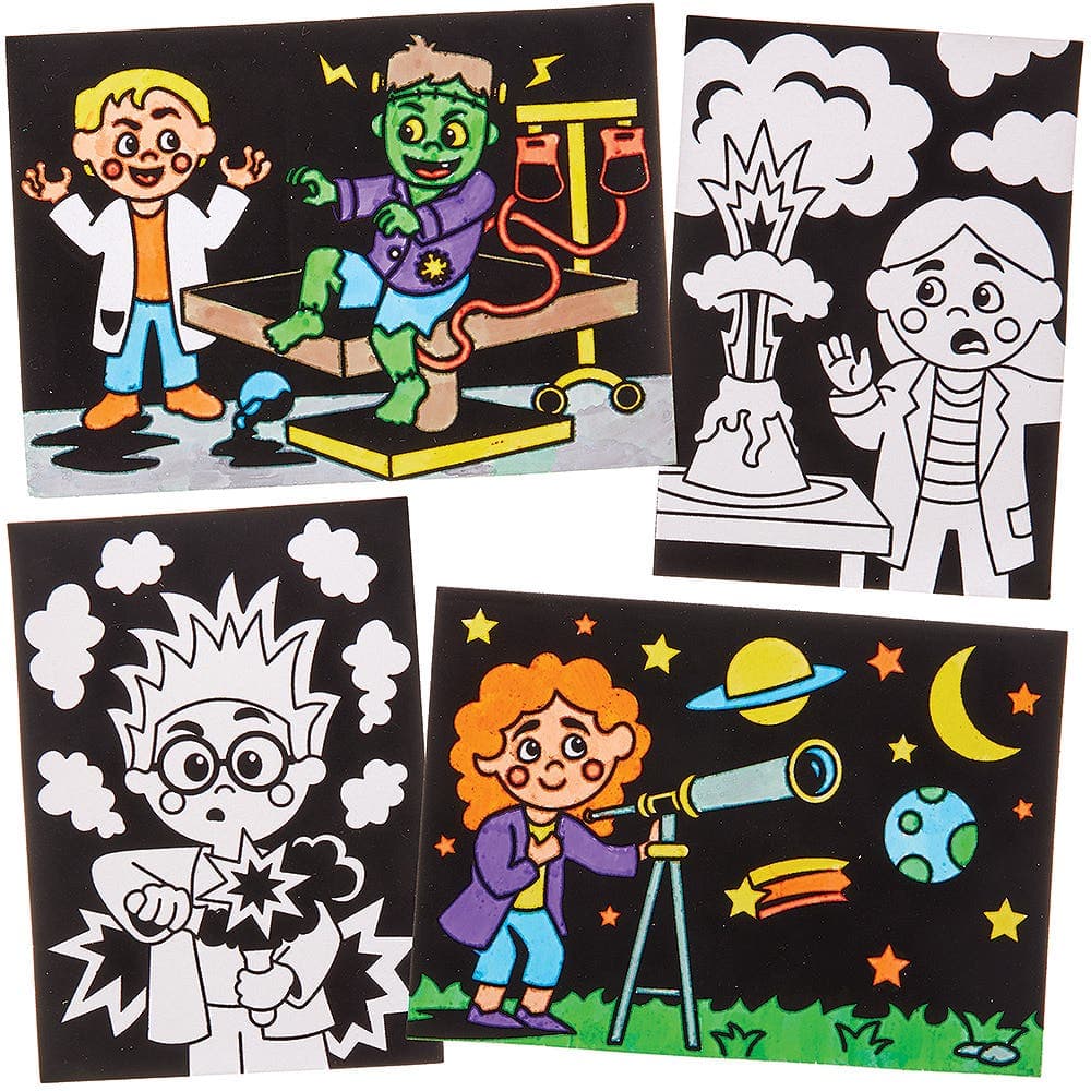 Science Experiments Fuzzy Art Pictures (Pack of 10) Card Sheets 21cm x 15cm, Black Velvet Outline, 10 Assorted Designs
