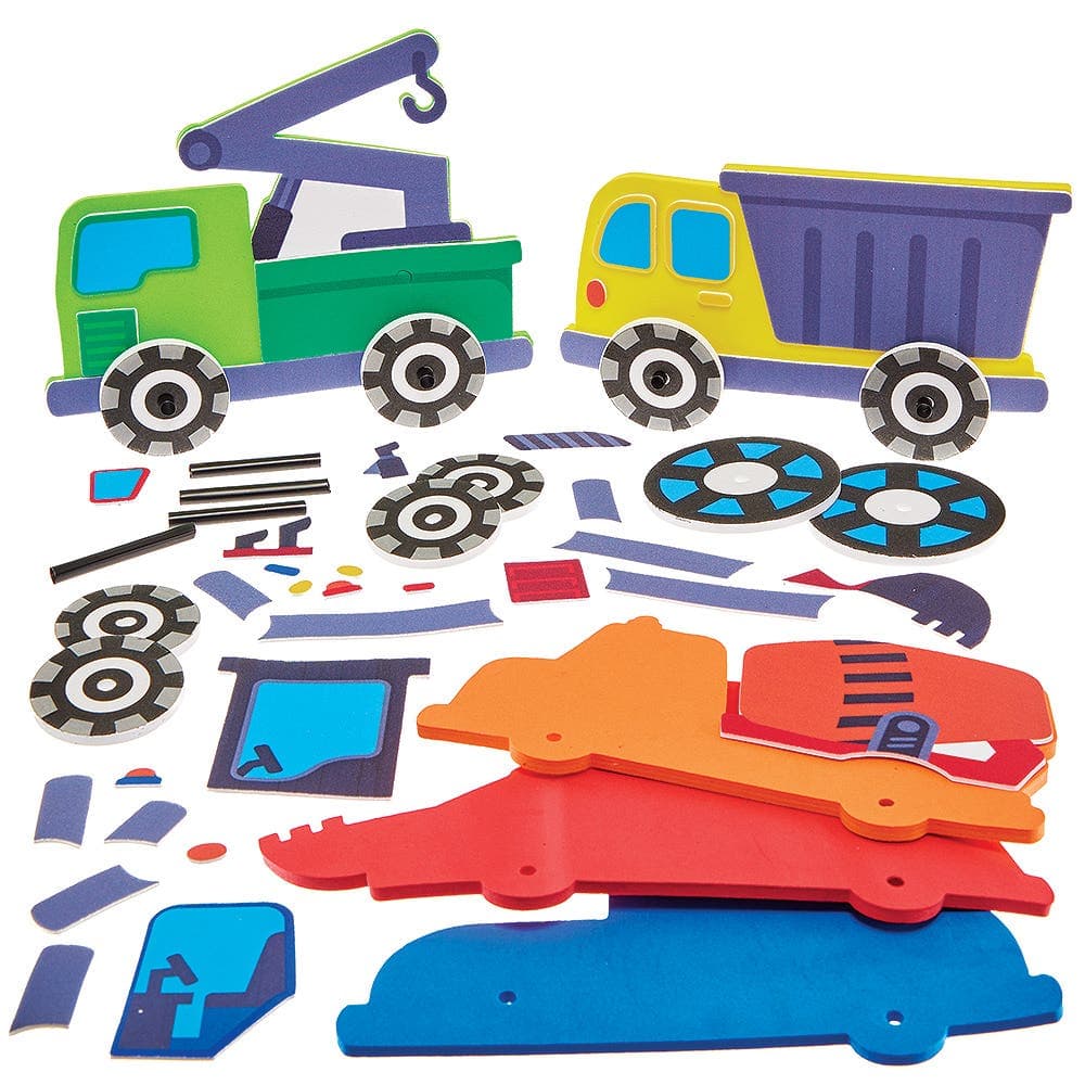 Construction Vehicles Push Along Kits (Pack of 5) 5 Assorted Vehicle Designs, Foam Crafts, No Glue Required